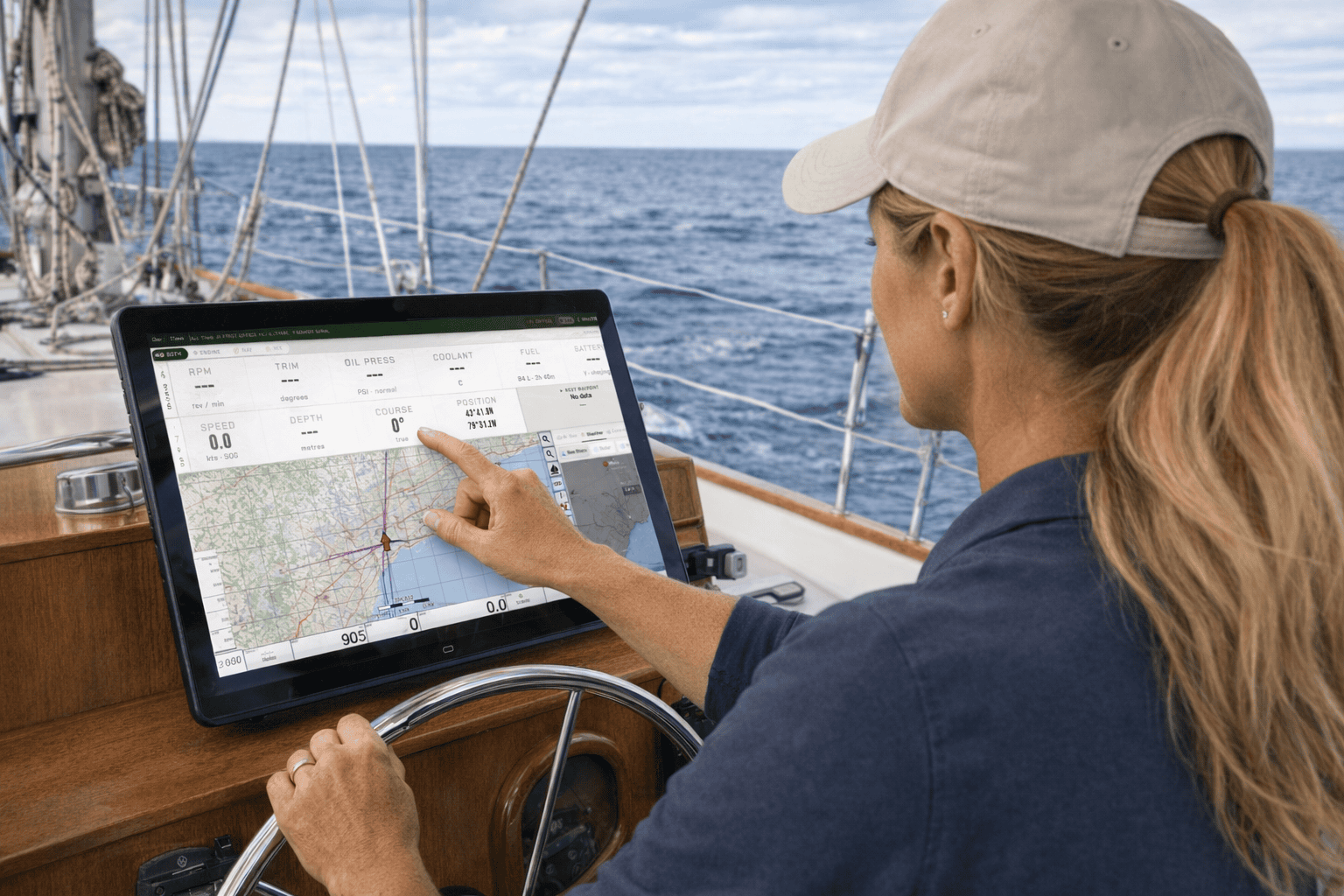 Woman in baseball cap using d3kOS at the helm of her boat