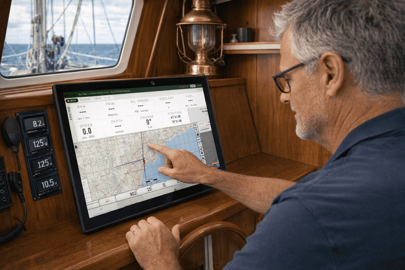 Boater operating helm with d3kOS marine computer