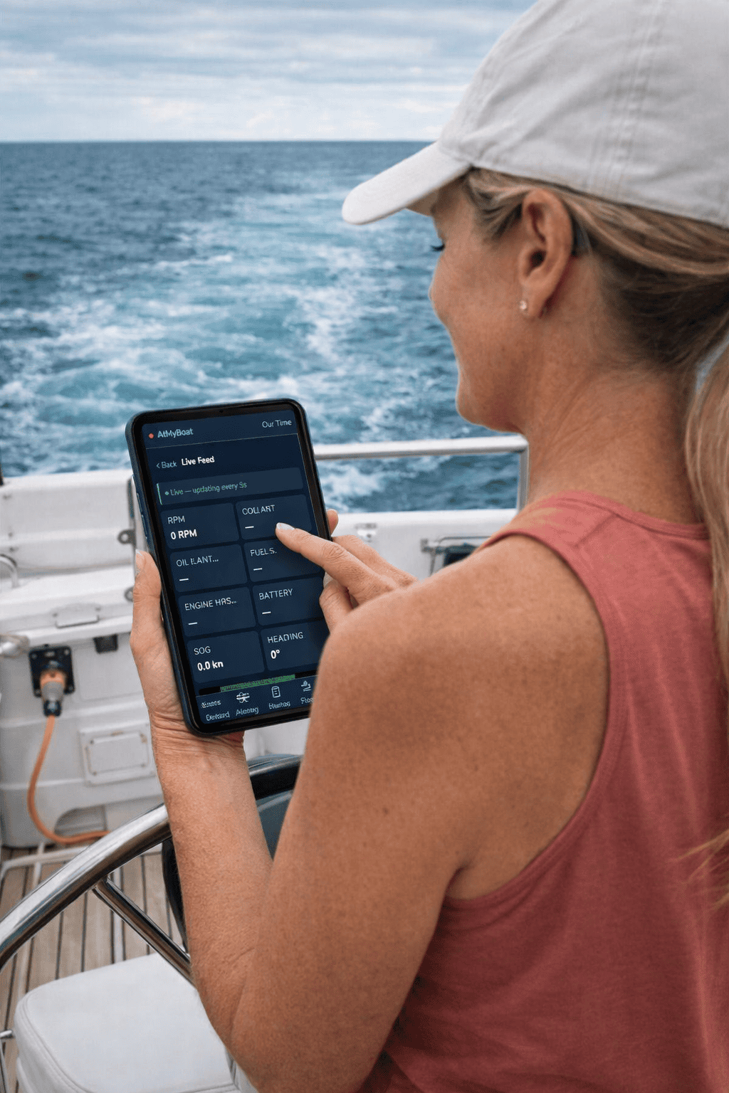 Experienced boater on power boat with d3kOS system running